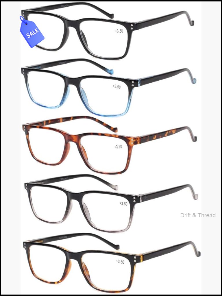 5 Pack Reading Glasses Spring Hinge Rectangular Plastic Medium Strength